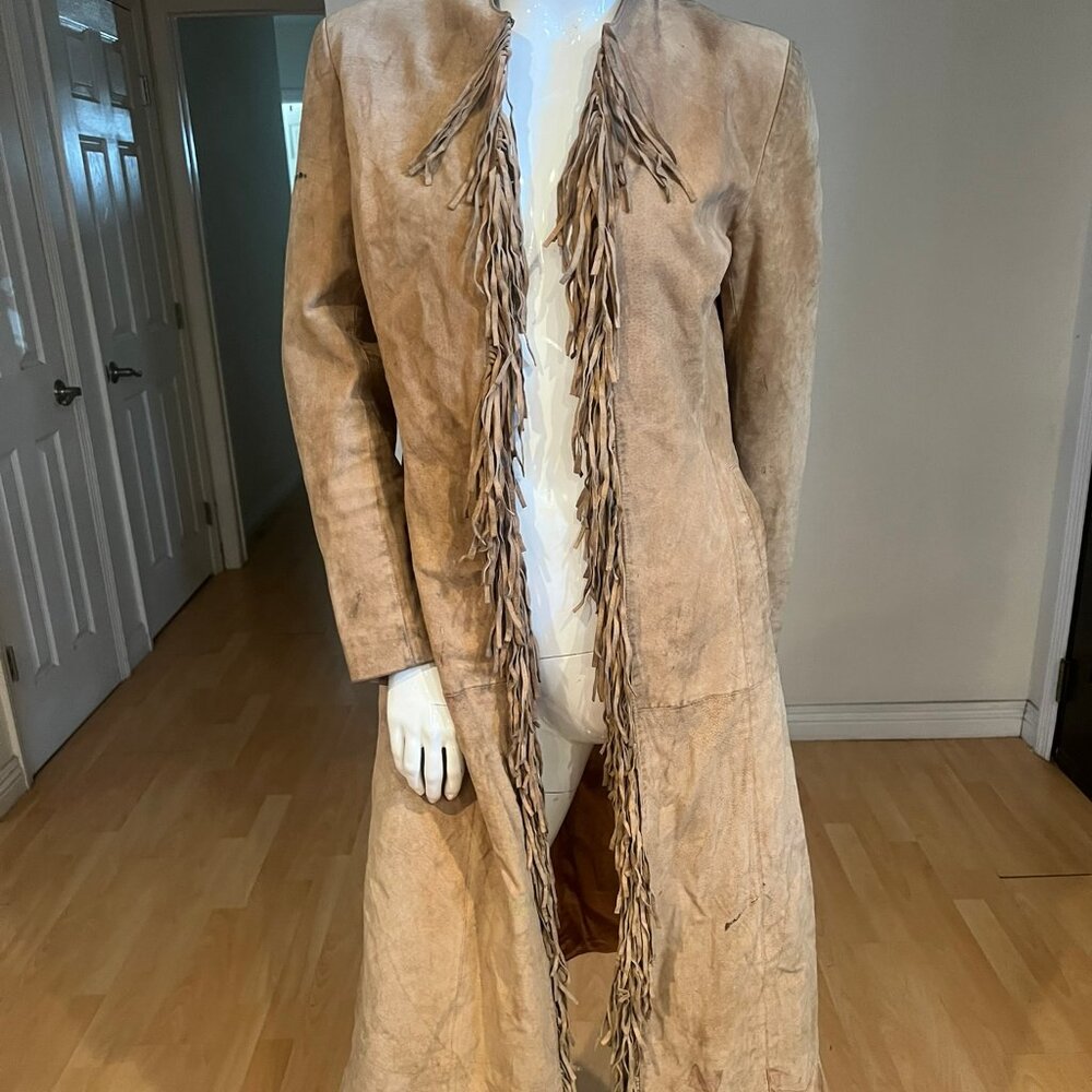VINTAGE 3B WEST SUEDE FRINGE TRIM LONG COAT SZ S SMALL BOHO HIPPIE